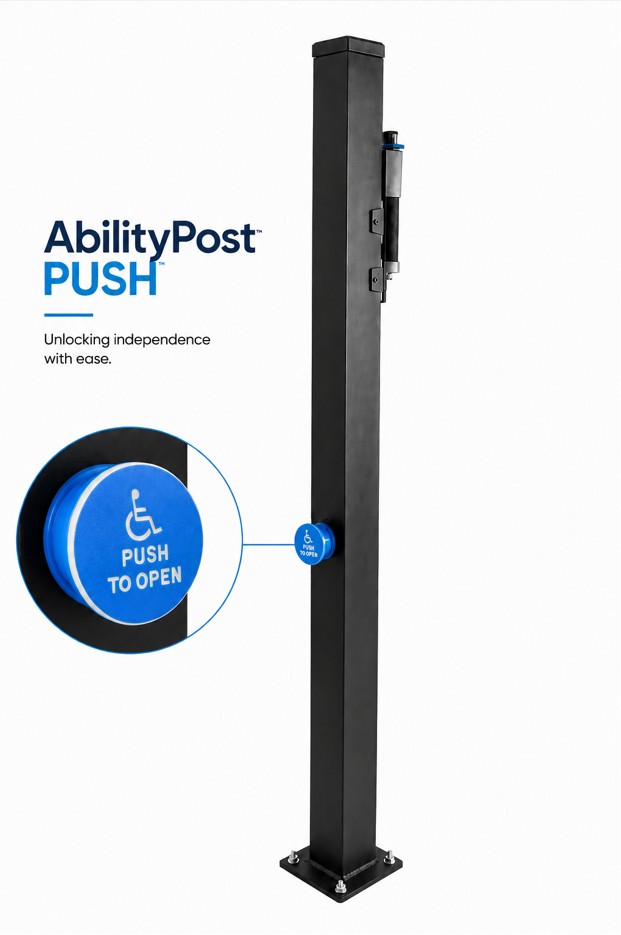 Black AbilityPost PUSH post with accessible blue push button and high-mounted pull-up lock